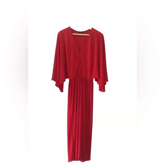 ZARA Kimono SLV Shimmer Ribbed Draped Lettuce Edge V-Neck Red Midi Party Dress S - Picture 1 of 16